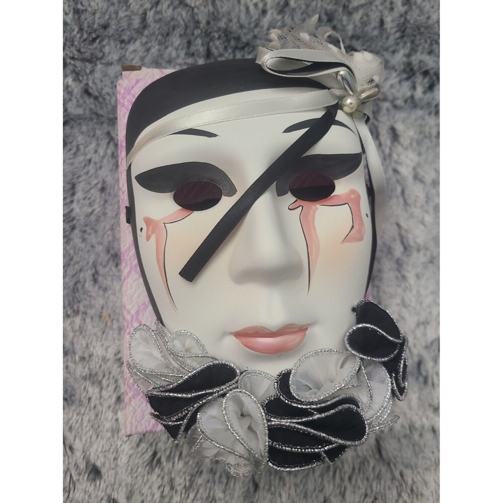 Vintage French Clown Decorative Wall Mask 7" Black White Silver Lace Floral